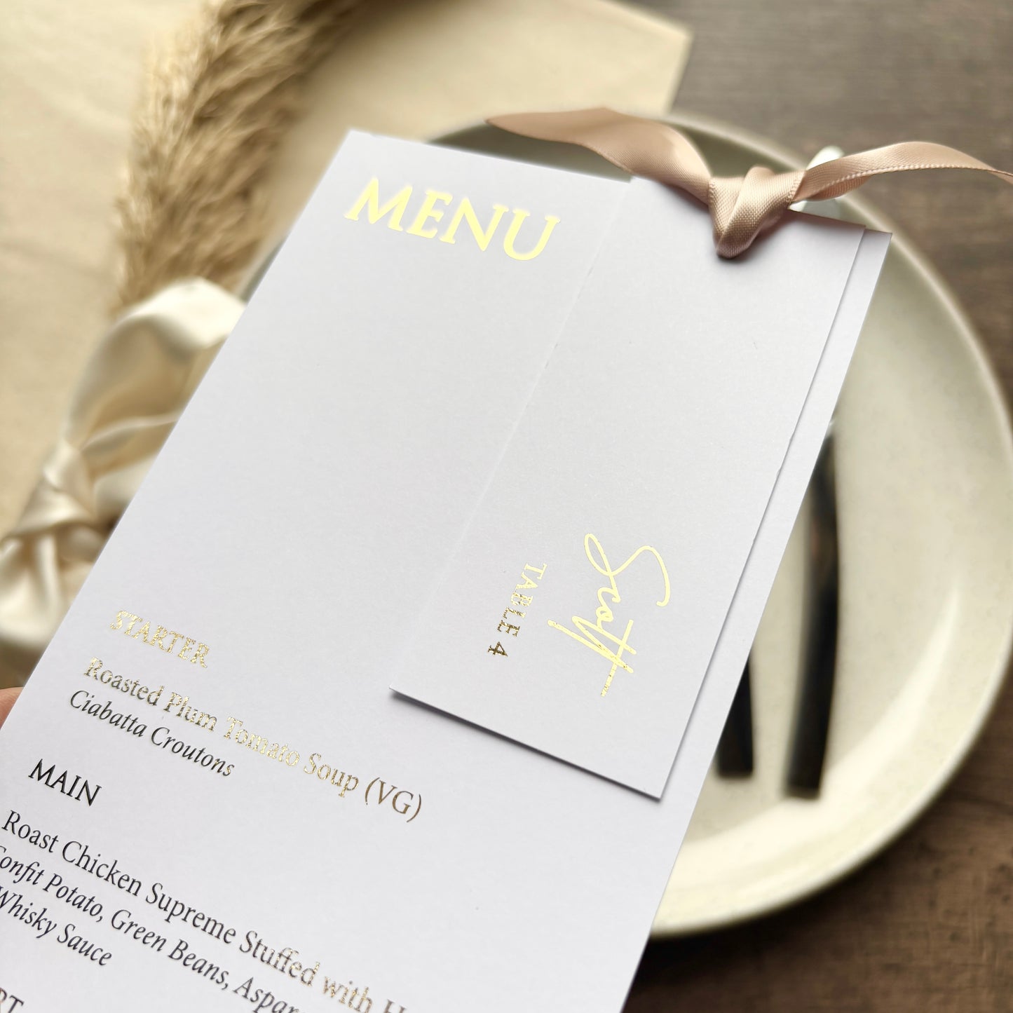 EVA - Foiled Menu Cards with Hole (with option of place card and ribbon add on)