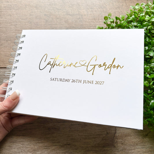 Foiled Personalised White Wedding Guest Book with Heart & Names / Eva
