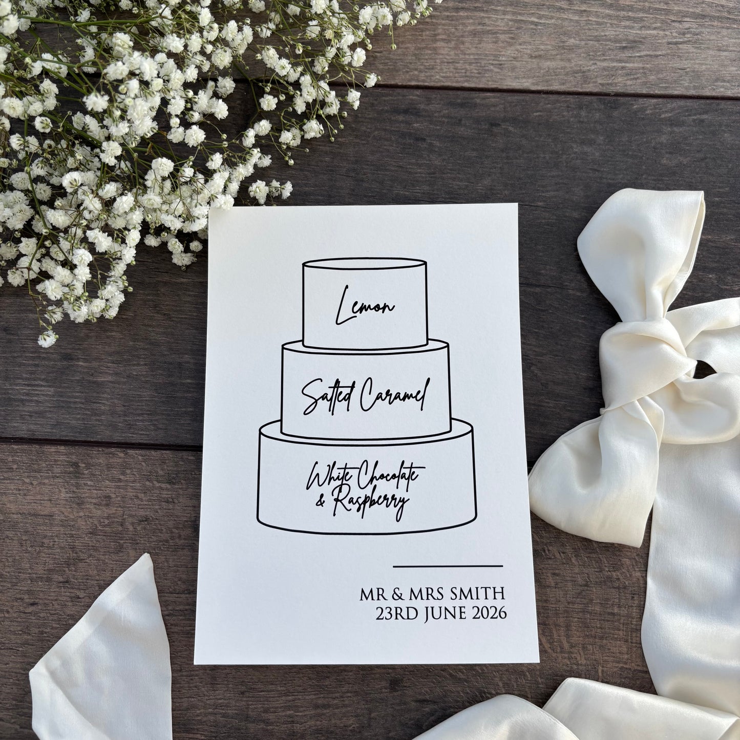 Wedding Cake Printed Sign with Personalised Flavours / Style Eva