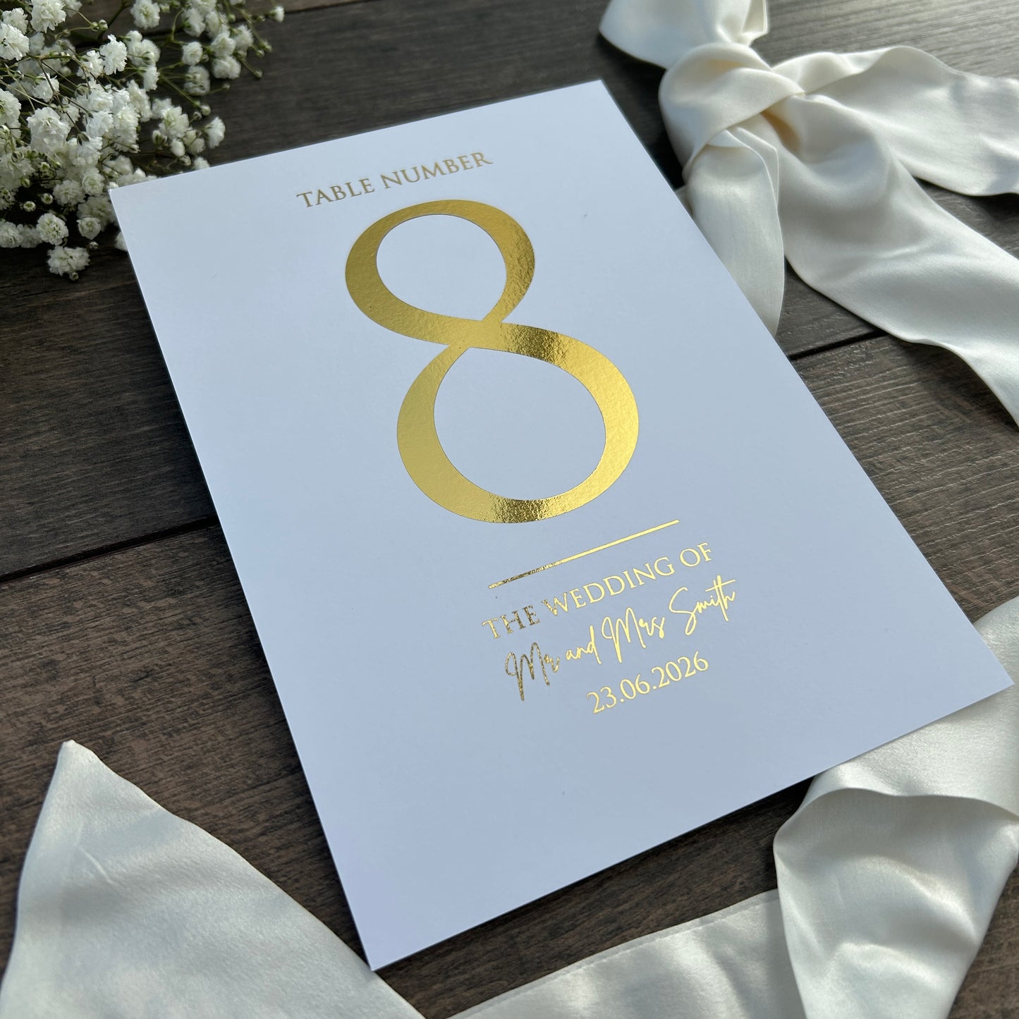 Foiled Wedding Table Numbers - Personalised with Couple's Names and Date / Style Eva