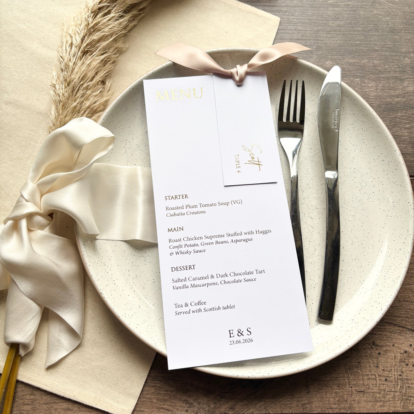 EVA - Foiled Menu Cards with Hole (with option of place card and ribbon add on)