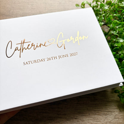 Foiled Personalised White Wedding Guest Book with Heart & Names / Eva