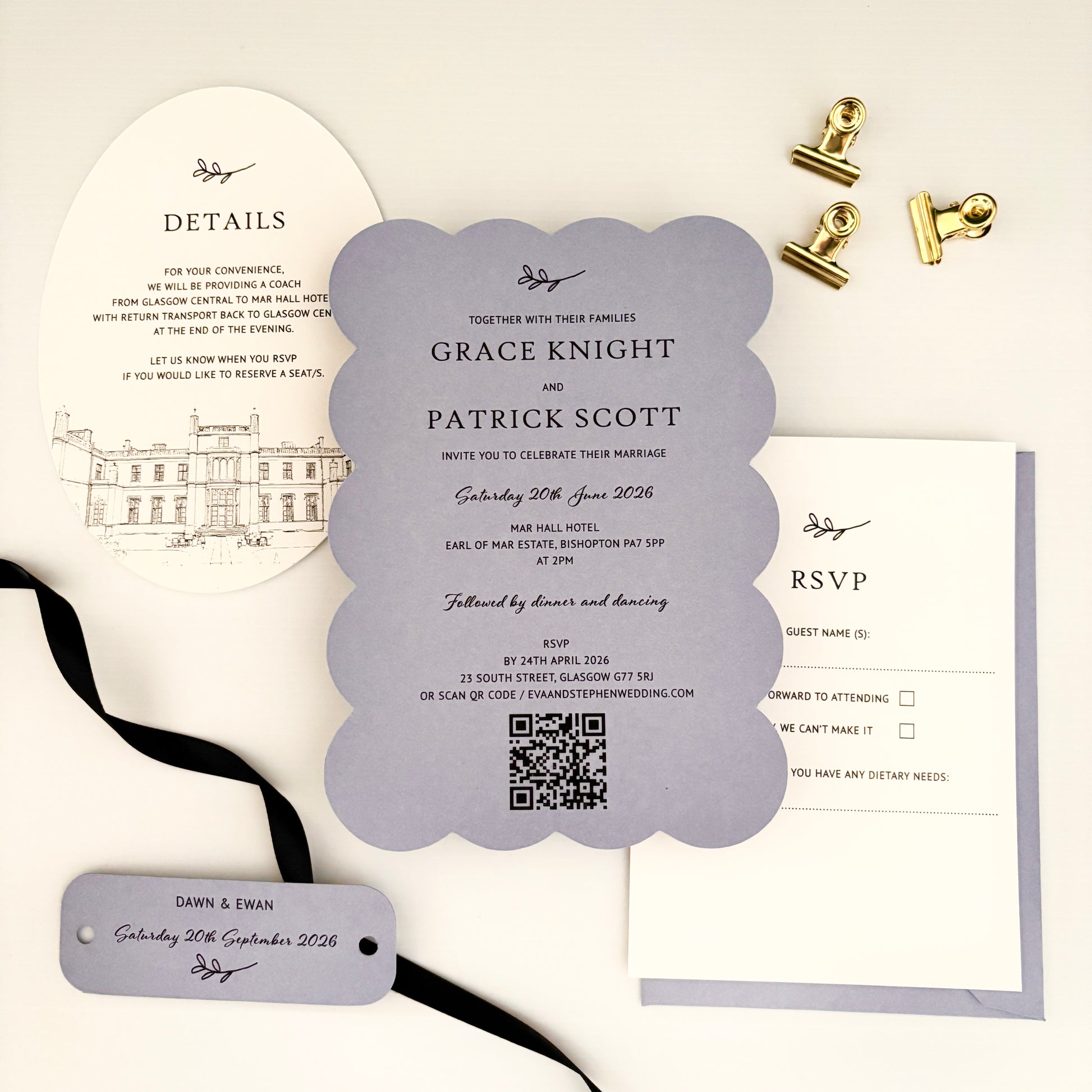 Wavy shape invitation, oval details card, retangular rsvp card