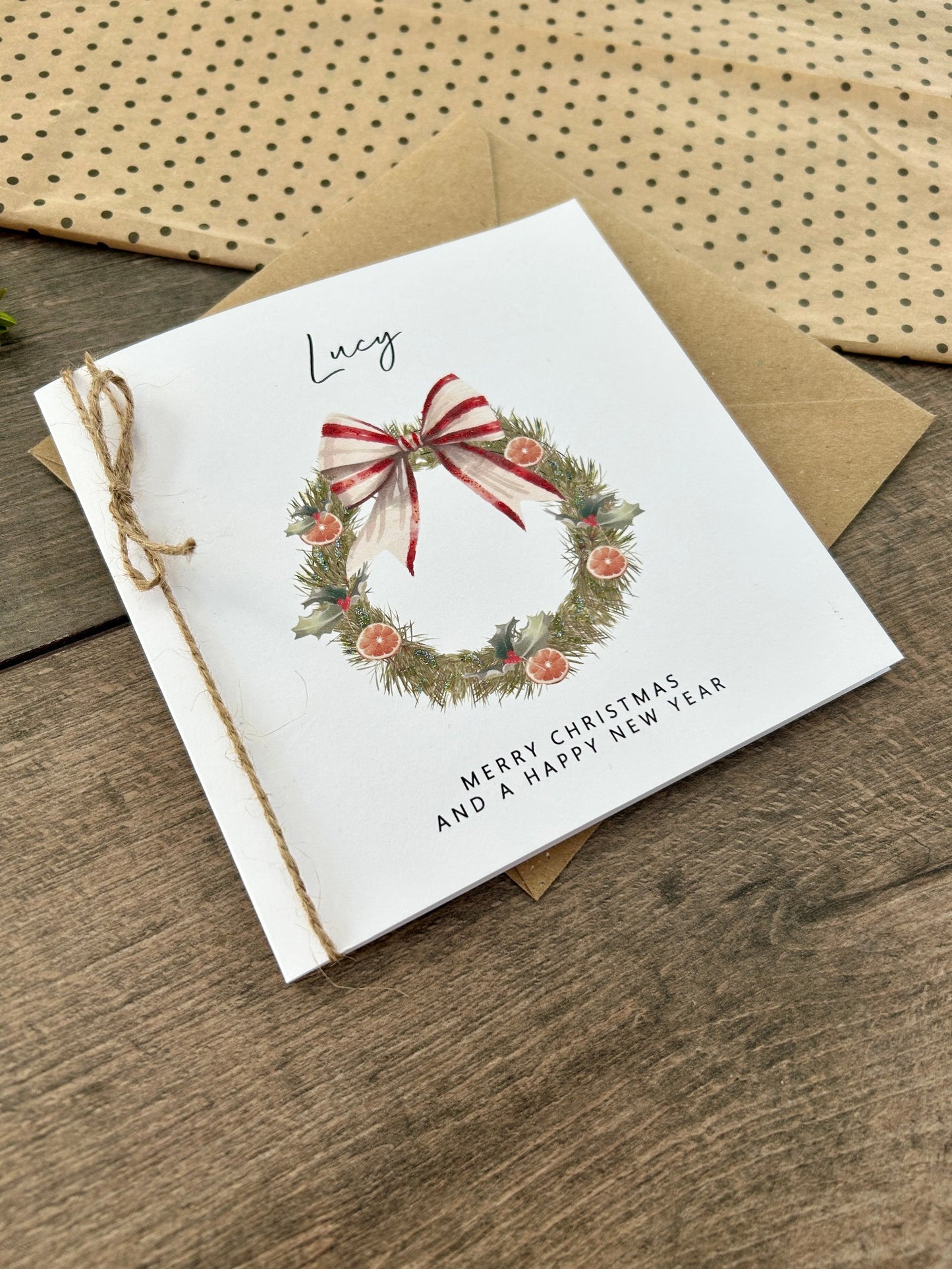 Personalised Names of Friends, Family, or Loved Ones on Christmas Card. Xmas Wreath Design