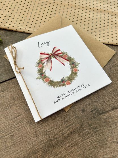 Personalised Names of Friends, Family, or Loved Ones on Christmas Card. Xmas Wreath Design