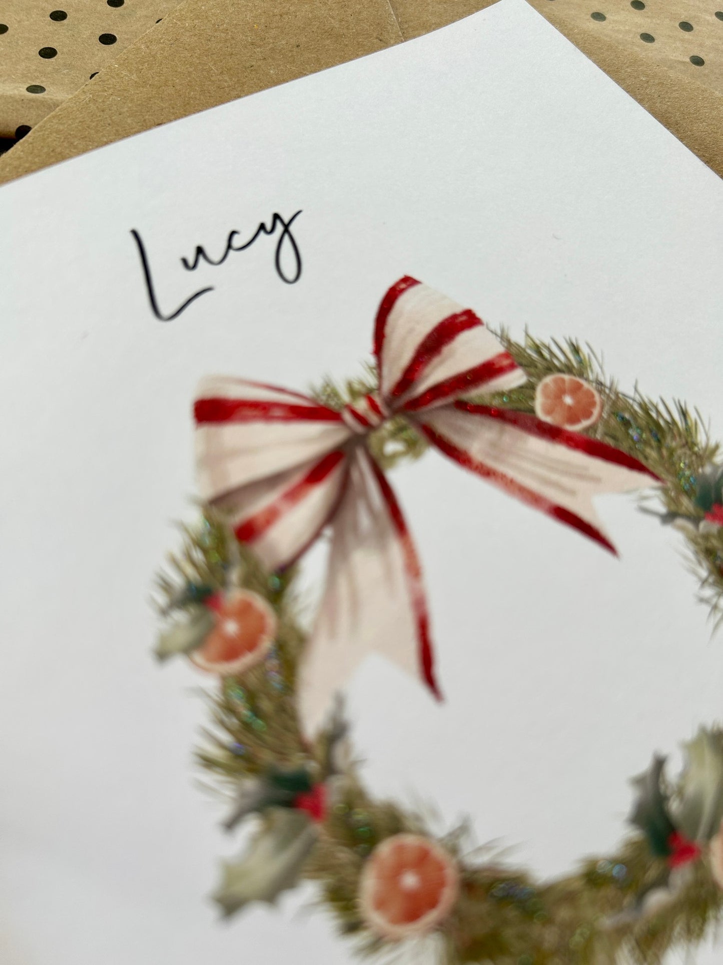 Personalised Names of Friends, Family, or Loved Ones on Christmas Card. Xmas Wreath Design