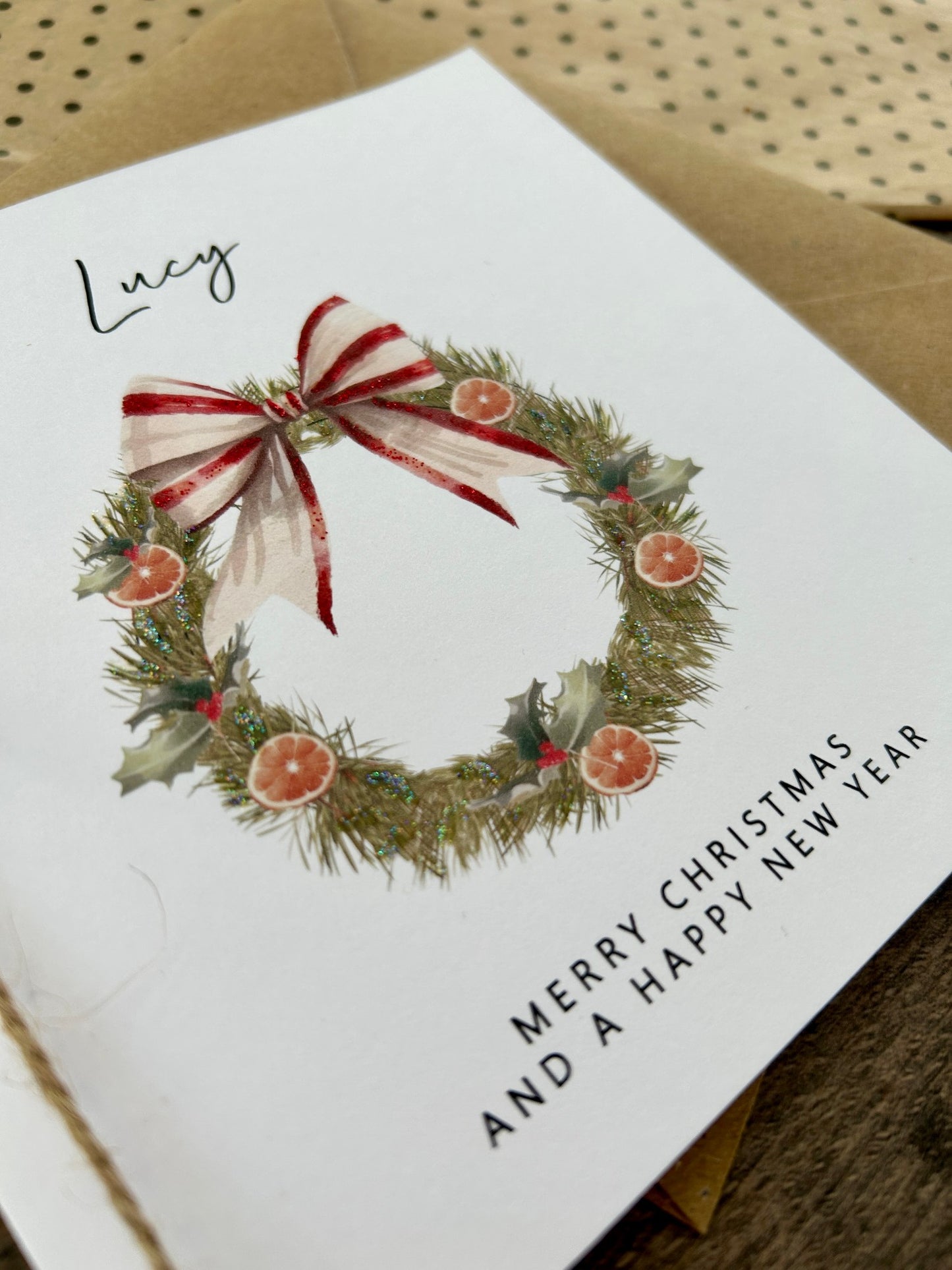 Personalised Names of Friends, Family, or Loved Ones on Christmas Card. Xmas Wreath Design