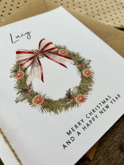 Personalised Names of Friends, Family, or Loved Ones on Christmas Card. Xmas Wreath Design