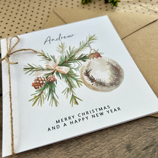 Personalised Names of Friends, Family, or Loved Ones on Christmas Card. Xmas Bauble Design