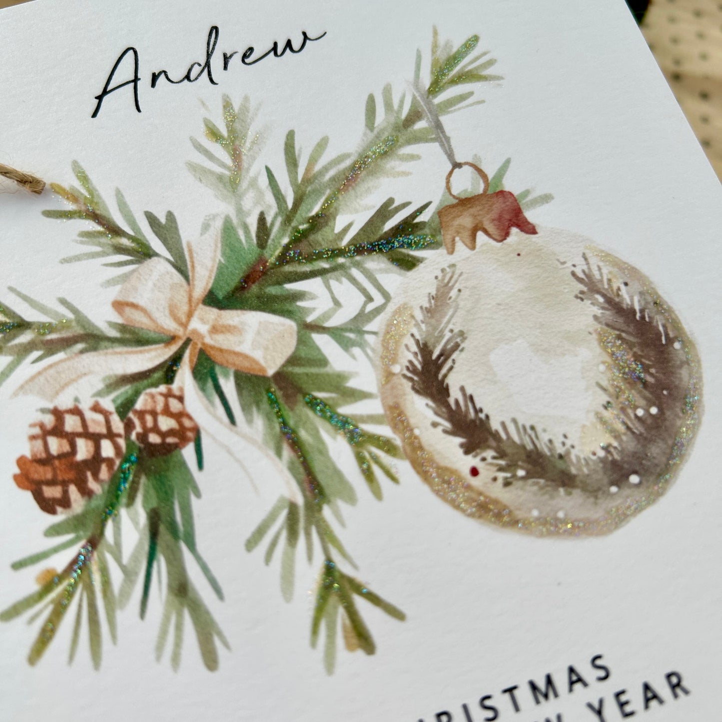 Personalised Names of Friends, Family, or Loved Ones on Christmas Card. Xmas Bauble Design