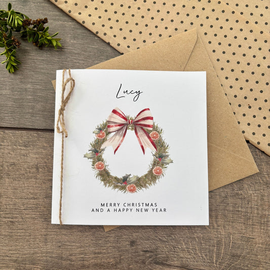 Personalised Names of Friends, Family, or Loved Ones on Christmas Card. Xmas Wreath Design