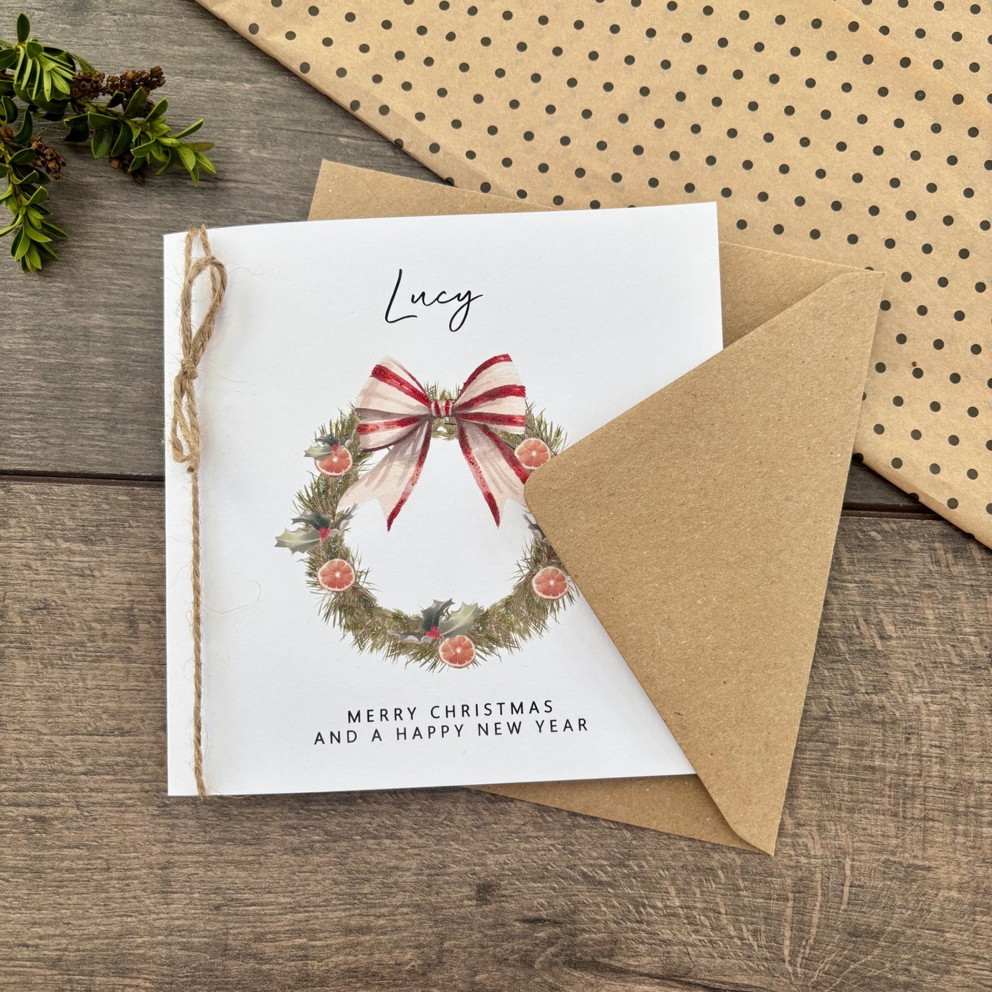 Personalised Names of Friends, Family, or Loved Ones on Christmas Card. Xmas Wreath Design