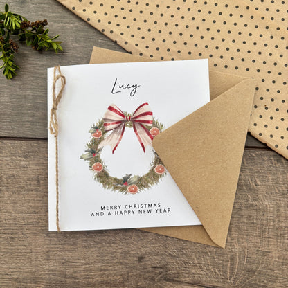 Personalised Names of Friends, Family, or Loved Ones on Christmas Card. Xmas Wreath Design