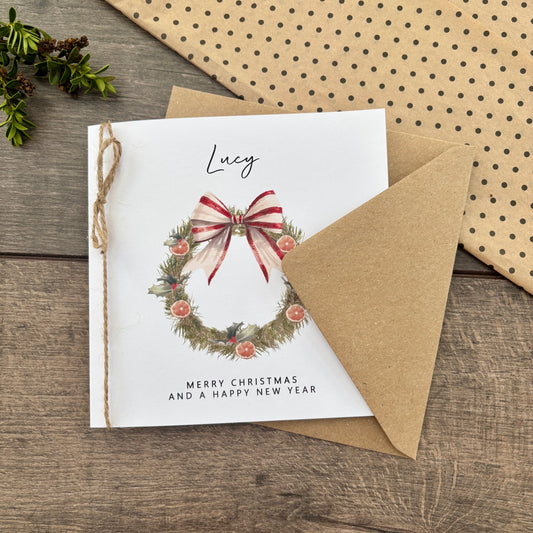 Personalised Names of Friends, Family, or Loved Ones on Christmas Card. Xmas Wreath Design