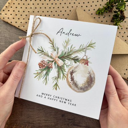 Personalised Names of Friends, Family, or Loved Ones on Christmas Card. Xmas Bauble Design