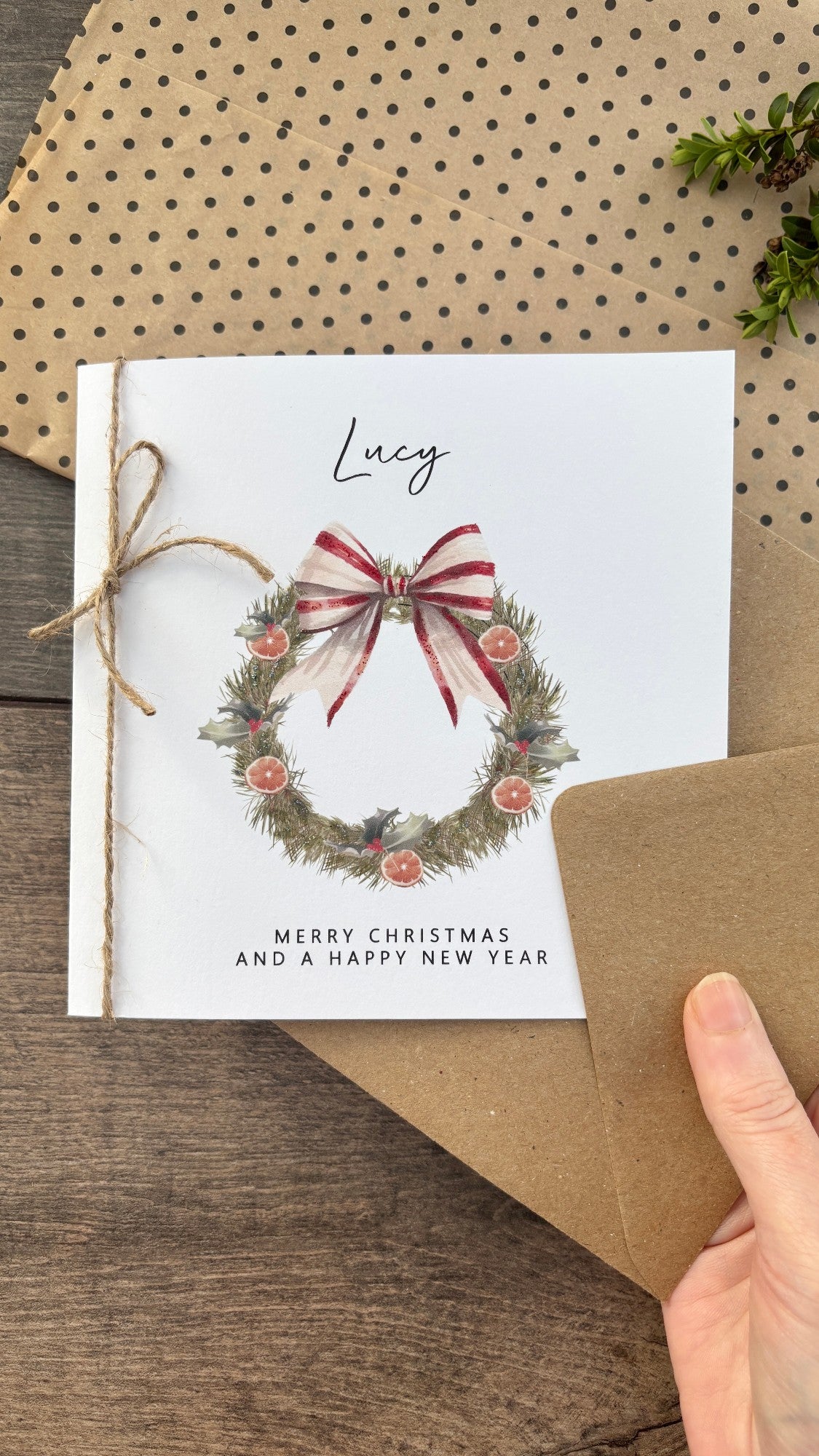 Personalised Names of Friends, Family, or Loved Ones on Christmas Card. Xmas Wreath Design