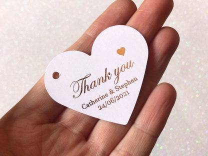Italic font with heart, heart shaped foiled thank you tags