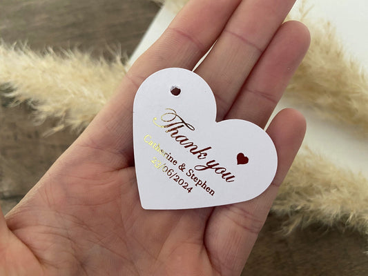Italic font with heart, heart shaped foiled thank you tags