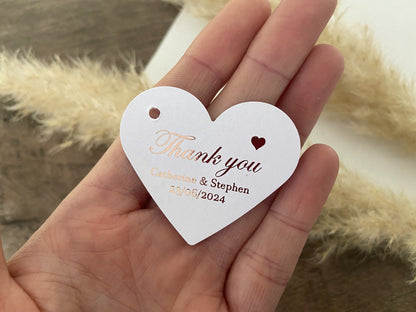 Italic font with heart, heart shaped foiled thank you tags