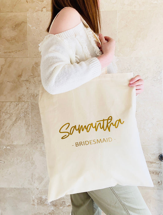 Wedding Personalised Tote Bag, Bridesmaid Bags, Custom Name Bags, Foiled gold or silver wording, Bridesmaid Tote