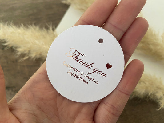 Italic font with heart circular personalised foiled thank you tags