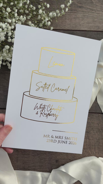 Wedding Cake Foiled Sign with Personalised Flavours / Style Eva