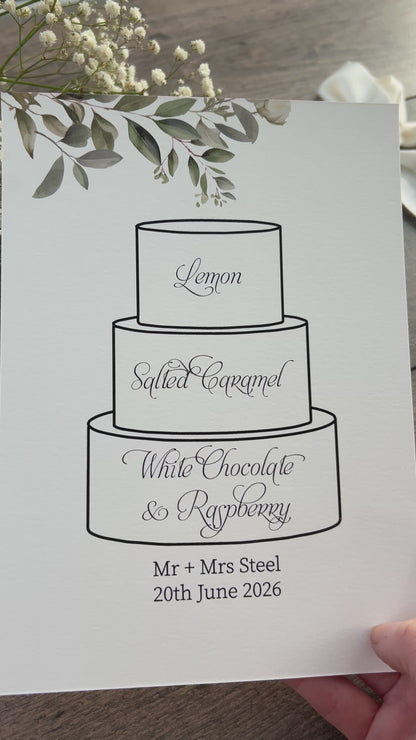 Wedding Cake Printed Sign with Personalised Flavours / botanical sign / Style Fiona