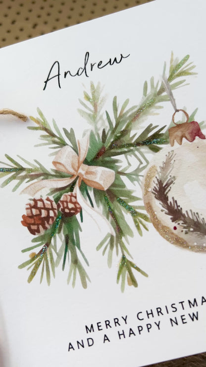 Personalised Names of Friends, Family, or Loved Ones on Christmas Card. Xmas Bauble Design