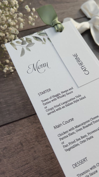 Menu Cards with Botanical Desing, Hole & Option of Place Card and Ribbon / Style Fiona