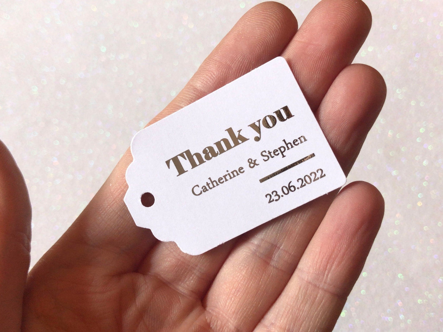 Bold rectangular personalised foiled thank you tags